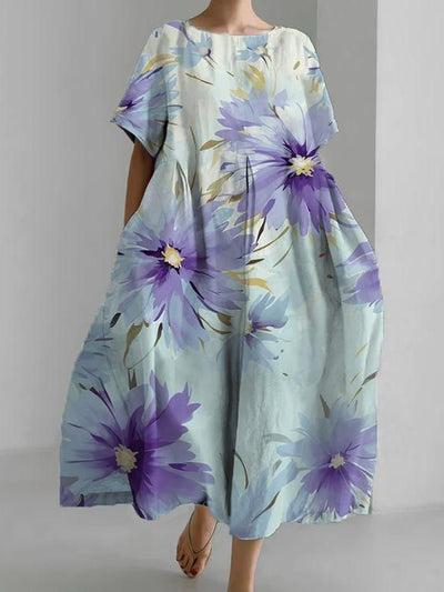 Women's Alzheimer's Awareness Purple Floral  Printed V-Neck Cotton Linen Comfortable Short Sleeve Maxi Dress