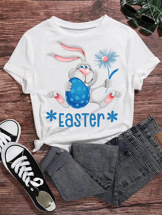 Women's Round Neck Rabbit Egg Print Short Sleeve T-Shirt