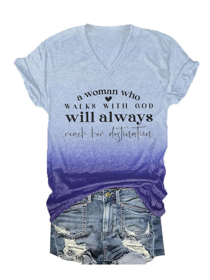 Women's A Woman Who Walks With God Tie-Dye Print V-Neck T-Shirt