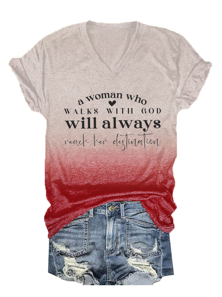 Women's A Woman Who Walks With God Tie-Dye Print V-Neck T-Shirt