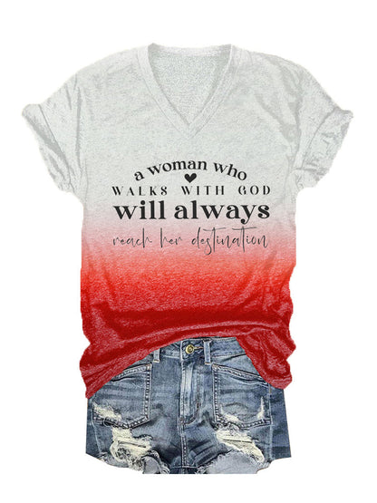 Women's A Woman Who Walks With God Tie-Dye Print V-Neck T-Shirt