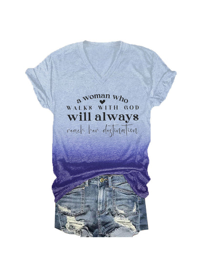 Women's A Woman Who Walks With God Tie-Dye Print V-Neck T-Shirt