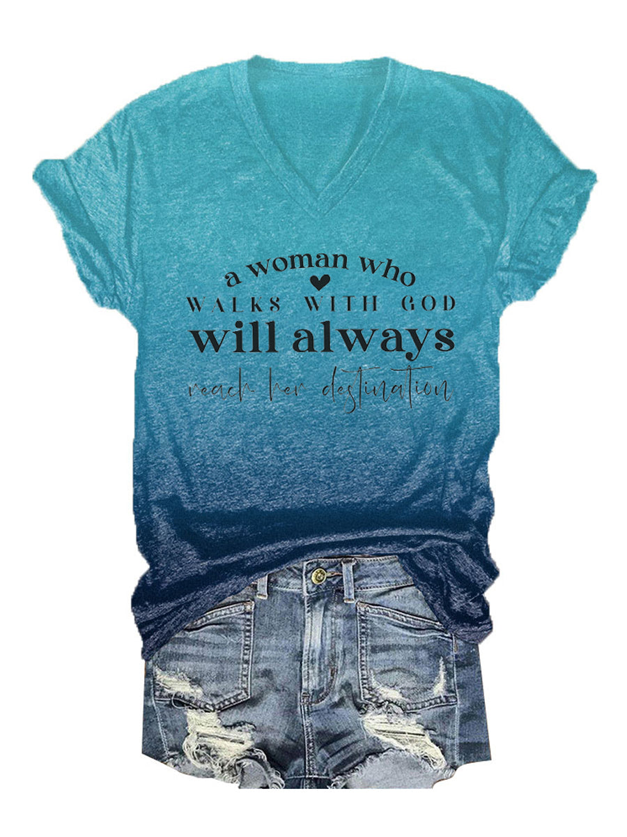 Women's A Woman Who Walks With God Tie-Dye Print V-Neck T-Shirt