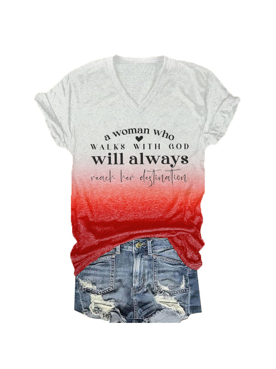 Women's A Woman Who Walks With God Tie-Dye Print V-Neck T-Shirt