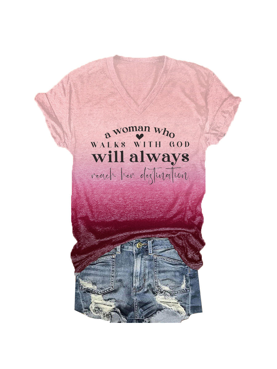 Women's A Woman Who Walks With God Tie-Dye Print V-Neck T-Shirt