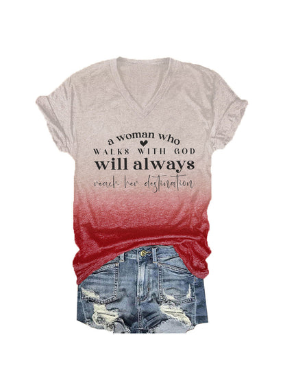 Women's A Woman Who Walks With God Tie-Dye Print V-Neck T-Shirt