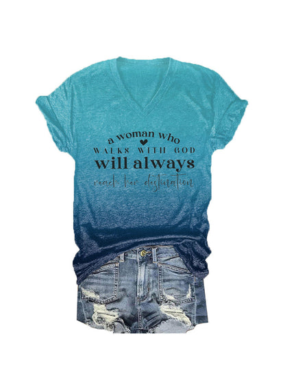 Women's A Woman Who Walks With God Tie-Dye Print V-Neck T-Shirt