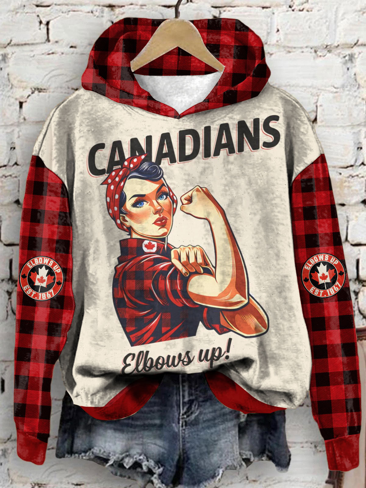 Women's Canada Elbows Up Plaid Printed Hoodie