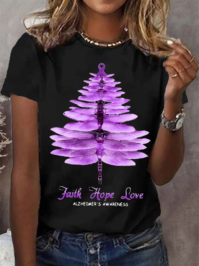 Women's Faith Hope Love Purple Ribbon  Alzheimer's Awareness Tee