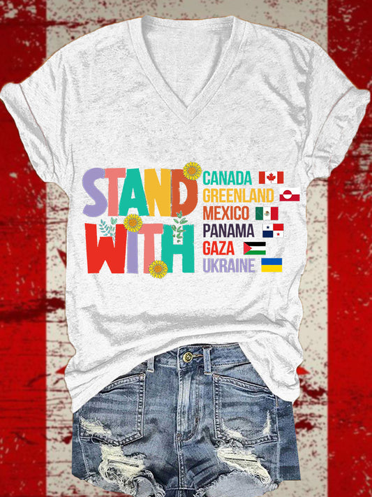 Women's Stand With Canada Print V-Neck Short Sleeve T-Shirt