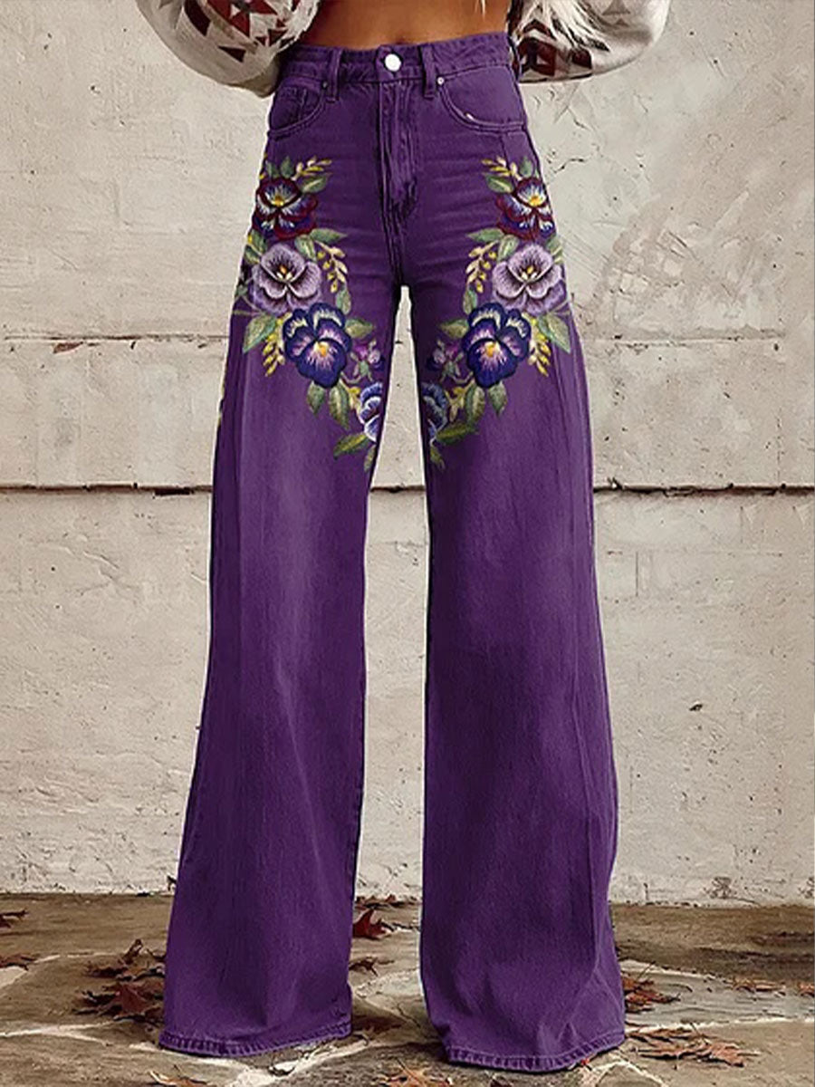 Women's Purple Floral Embroidery Print Casual Wide Leg Pants