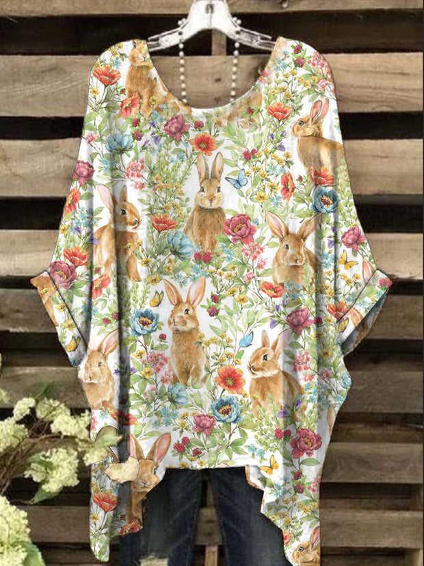 Women's Easter Artistic Floral Bunny Print Irregular Top