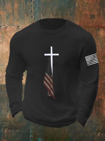 Men's Retro Flag Cross O-Neck Printed Long Sleeve T-Shirt