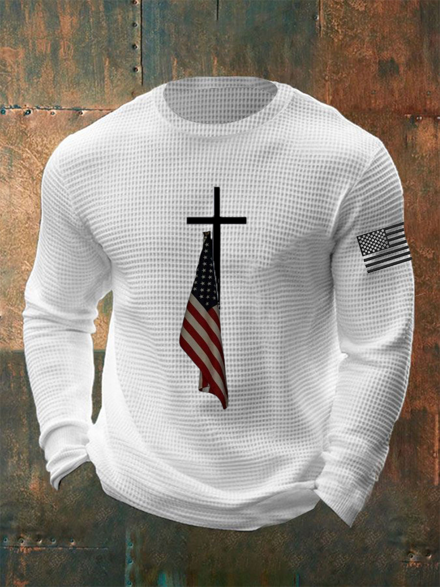 Men's Retro Flag Cross O-Neck Printed Long Sleeve T-Shirt