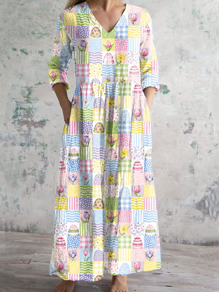 Women's Easter Colorful Block Printed V-Neck Elegant Chic Loose Long Sleeve Dress