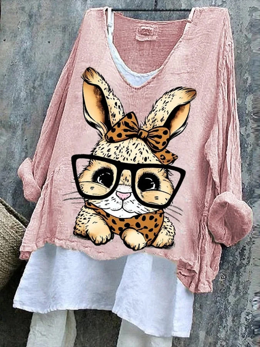 Women's Easter Bunny Printed Cotton Linen Printed V-Neck Long Sleeve Shirt