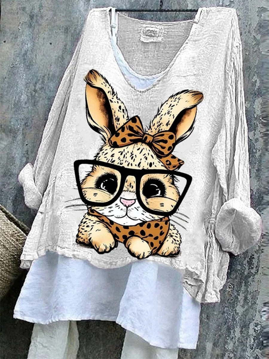 Women's Easter Bunny Printed Cotton Linen Printed V-Neck Long Sleeve Shirt