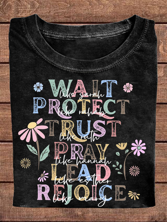 Women's Faith Pray For Us Printed V-neck T-shirt