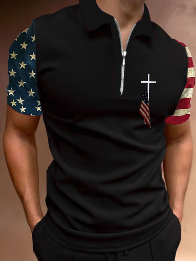 Men's Flag Cross Print Short Sleeve Casual Polo T-Shirt