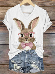 Women's Cute Bunny Happy Easter Casual V-Neck Tee