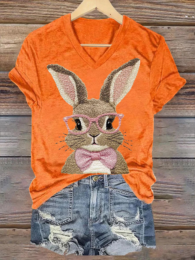 Women's Cute Bunny Happy Easter Casual V-Neck Tee