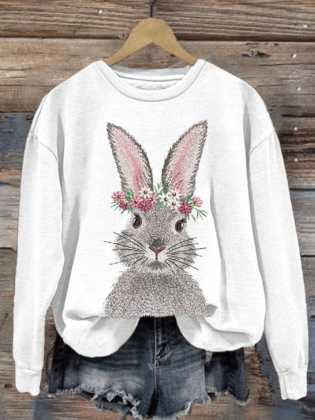 Women's Eatser Cute Bunny Pattern Printed O-Neck Long Sleeve Sweatshirt