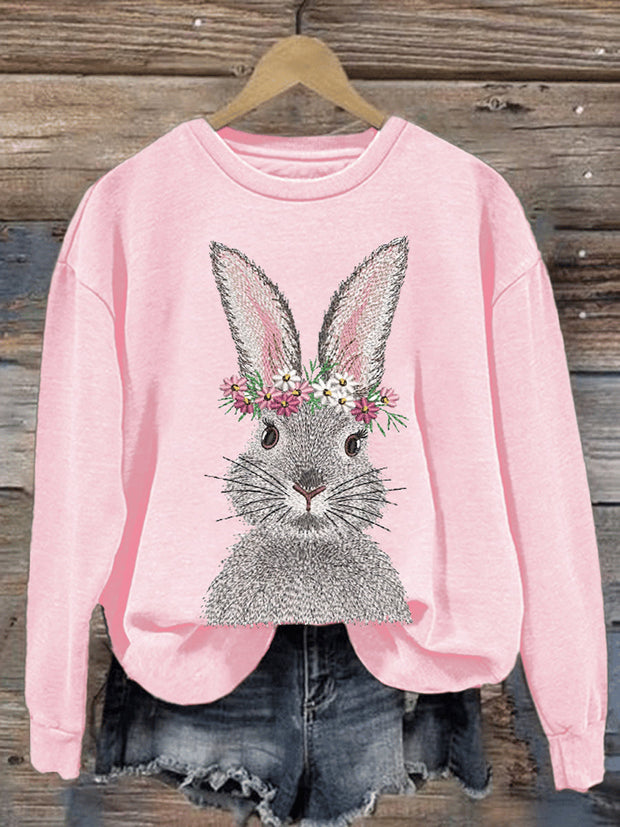 Women's Eatser Cute Bunny Pattern Printed O-Neck Long Sleeve Sweatshirt