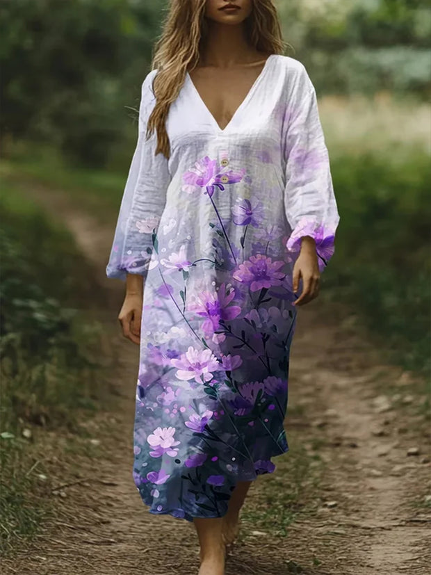 Women's Alzheimer's Awareness Purple Floral  Printed V-Neck Cotton Linen Comfortable Long Sleeve Maxi Dress