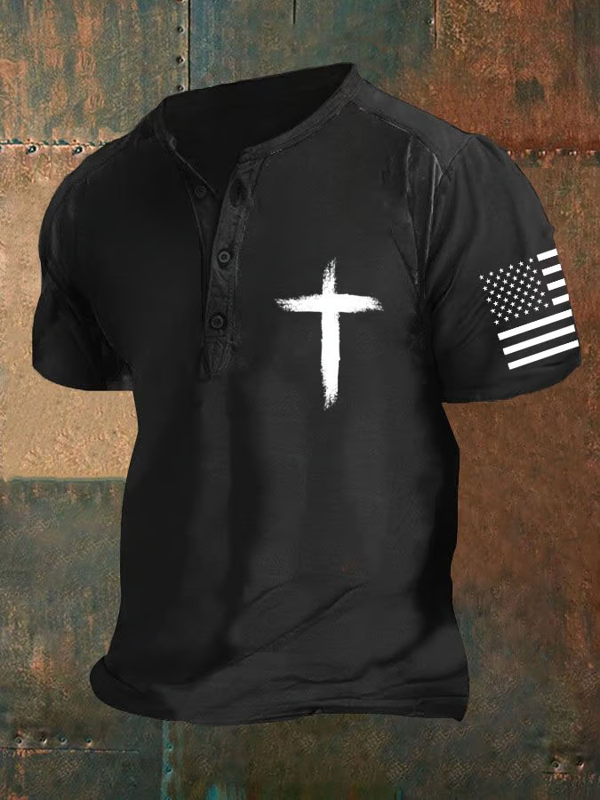 Men's Retro Flag Cross  Printed Short Sleeve T-Shirt