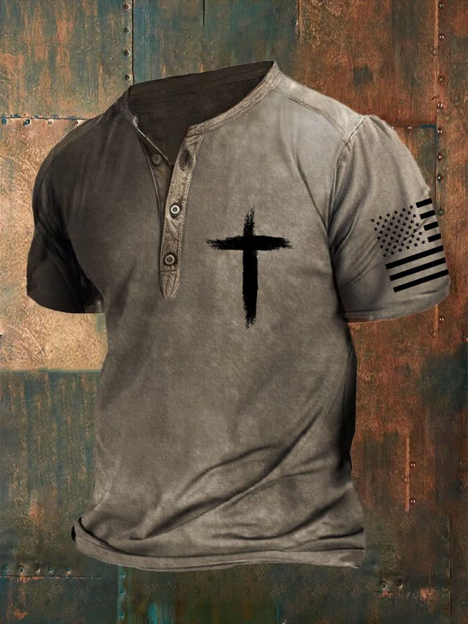 Men's Retro Flag Cross  Printed Short Sleeve T-Shirt