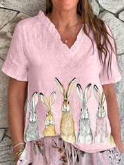 Women's Cute Hares Print Happy Easter Casual Shirt