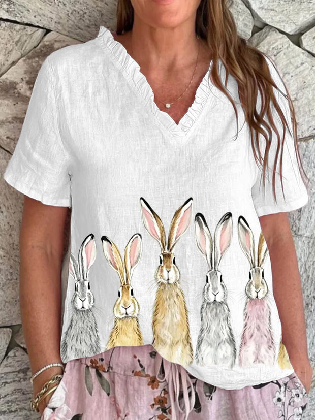 Women's Cute Hares Print Happy Easter Casual Shirt