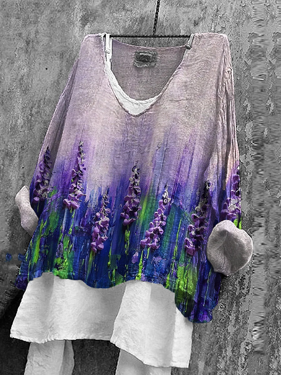 Women's Alzheimer's Awareness Purple Floral  Printed V-Neck Cotton Linen Casual Long Sleeve Shirt