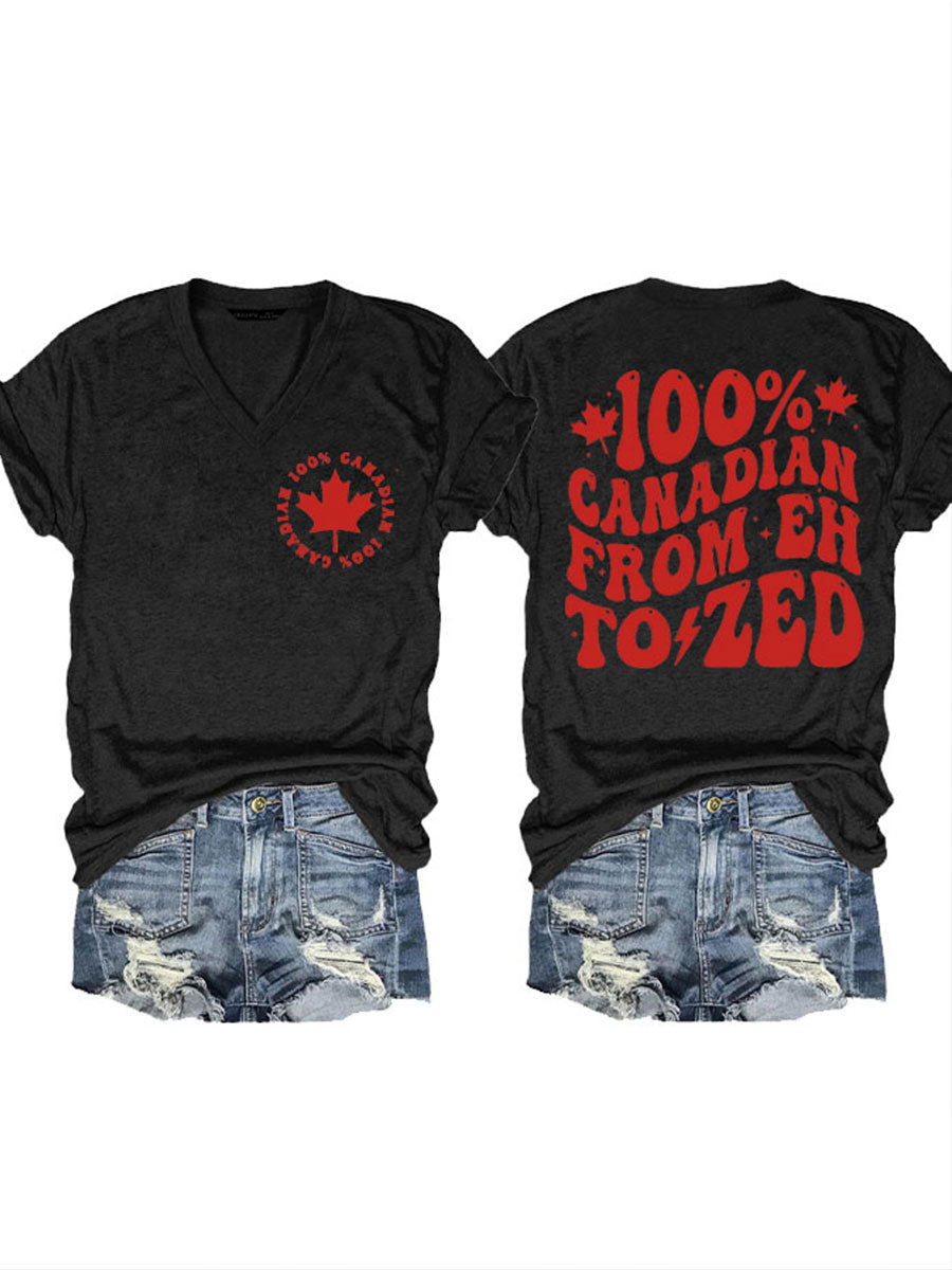 Women's Canada 100% Canadian From "Eh" To "Zed" Printed V-neck T-shirt