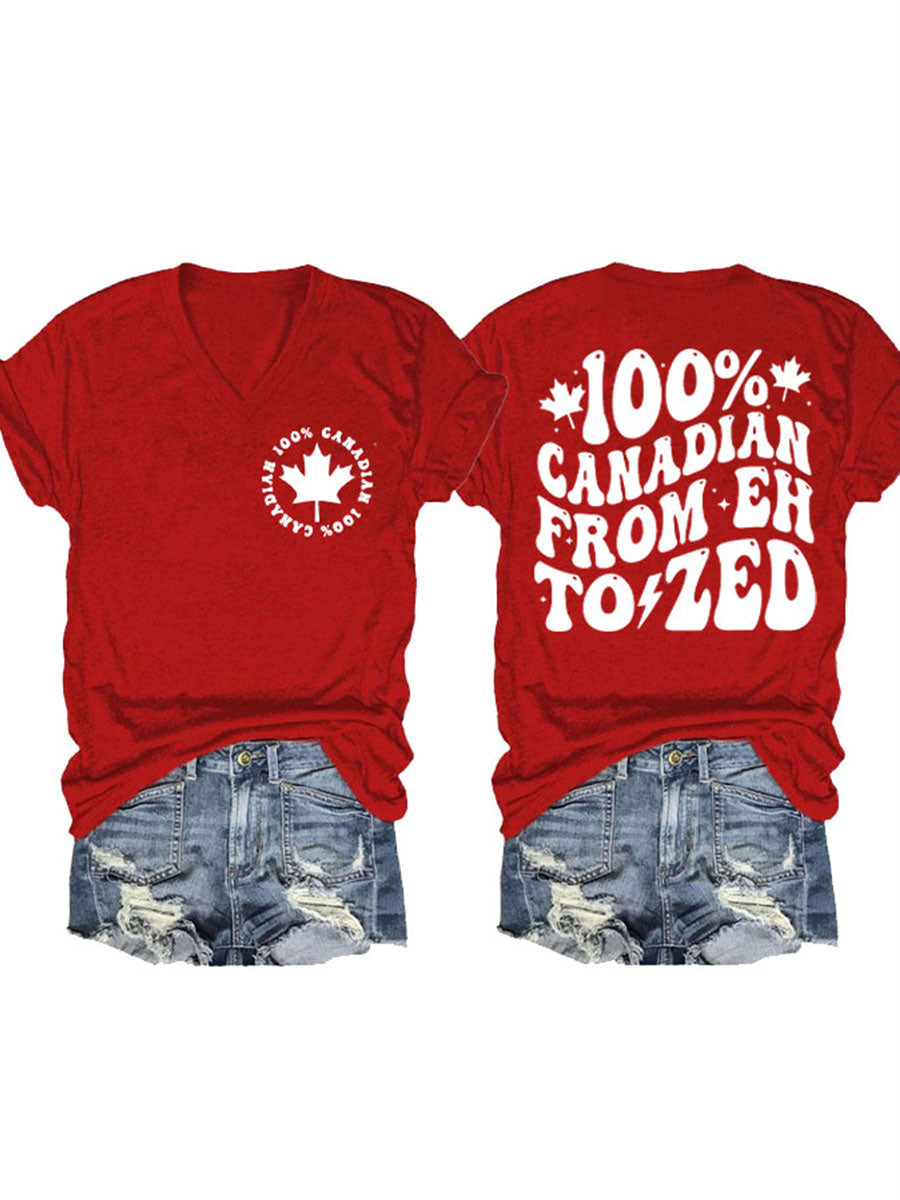 Women's Canada 100% Canadian From "Eh" To "Zed" Printed V-neck T-shirt