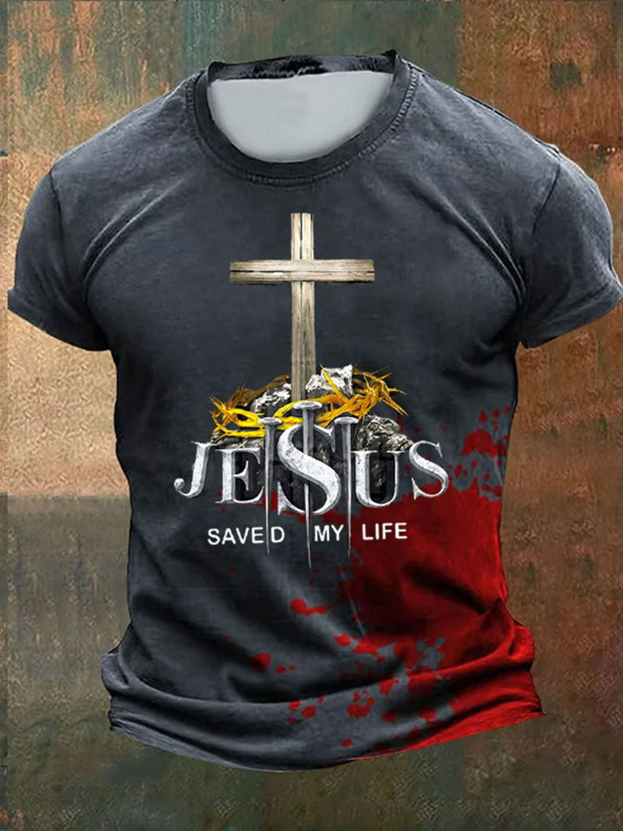 Men's Faith Jesus Saved My Life Printed Short Sleeve T-Shirt