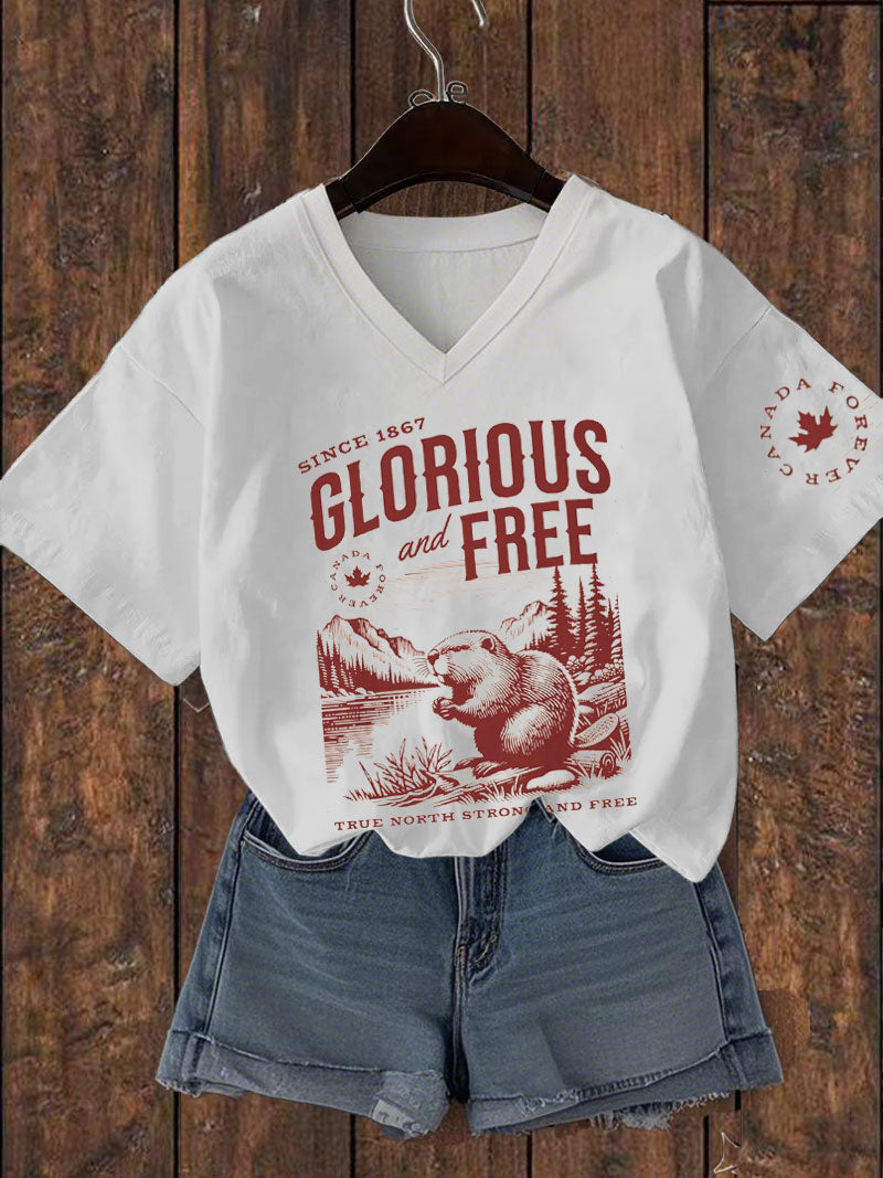 Women's Canada Glorious And Free Printed V-neck T-shirt