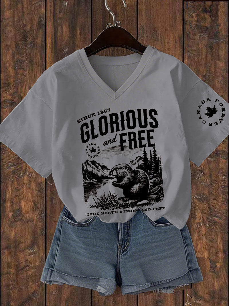 Women's Canada Glorious And Free Printed V-neck T-shirt