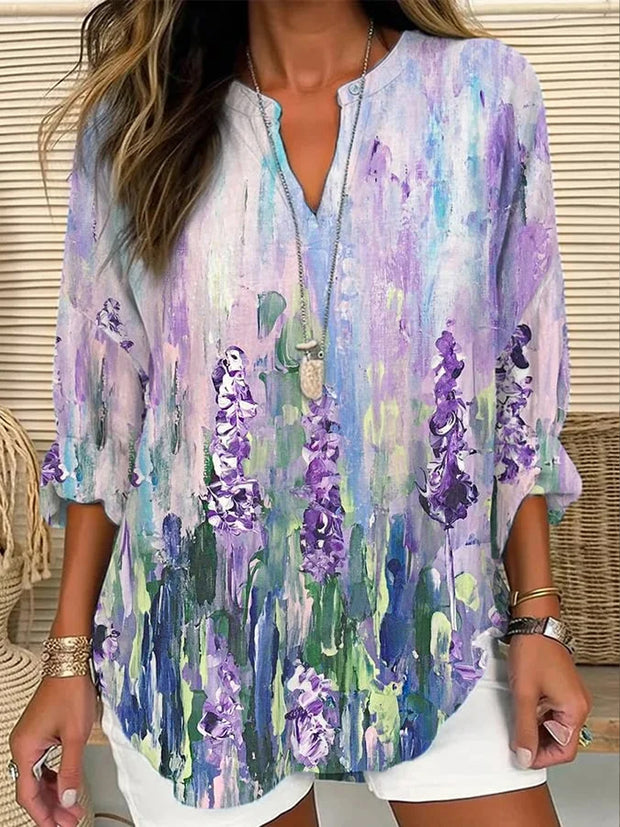 Women's Alzheimer's Awareness Purple Floral Print V-Neck Cotton Linen Long Sleeve Shirt