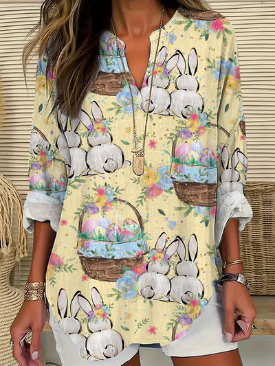 Women's Easter Cute Bunny Eggs Print V-Neck Cotton Linen Long Sleeve T-Shirt