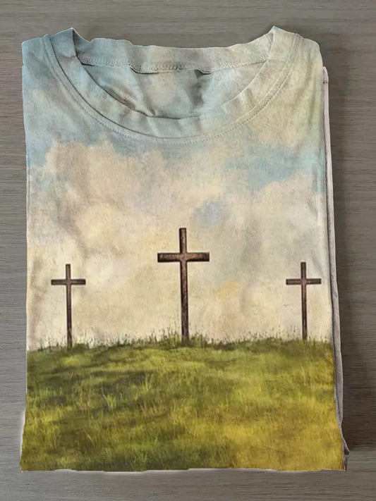 Women's Easter Jesus Cross Printed Crew Neck T-Shirt