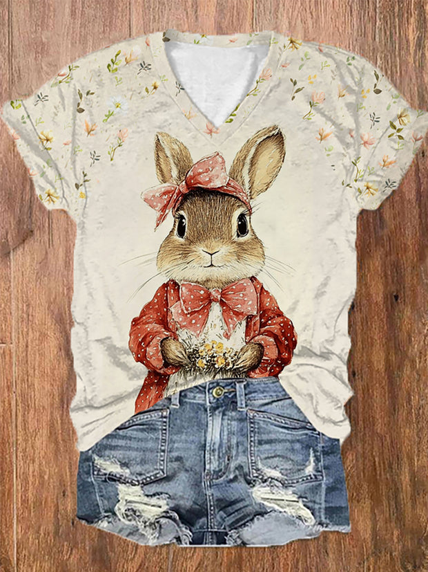 Women's Easter Floral Bunny Printed V-Neck T-Shirt