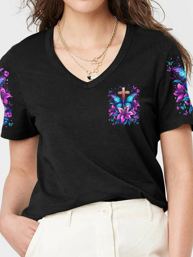 Women's Trust God's Plan Butterfly Print V-Neck T-Shirt