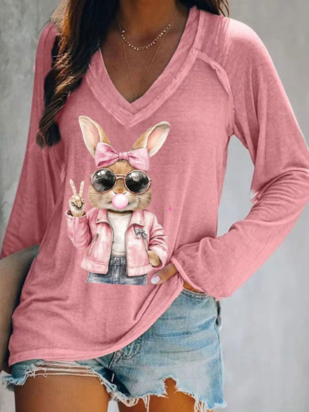 Women's Rabbit Art Print V-Neck T-Shirt