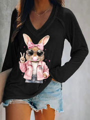 Women's Rabbit Art Print V-Neck T-Shirt