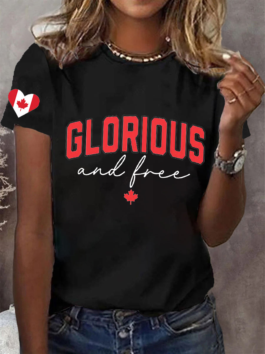 Women's V-neck Retro Canada Glorious And Free Maple Leaf Print T-Shirt