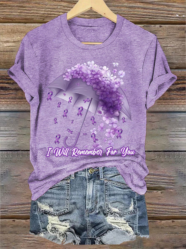 Women's I Will Remember For You Forget-Me-Not Purple Ribbon Alzheimer's Awareness Tee