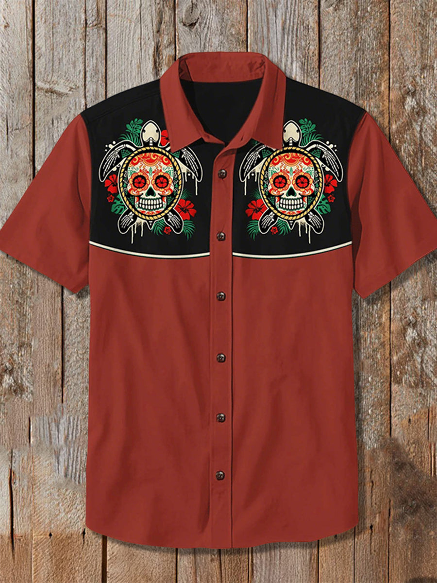 Men's Retro Western Skull Print Shirt