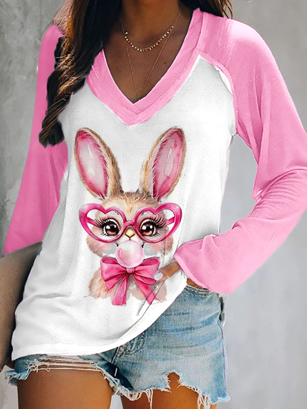 Women's Eatser Cute Bunny Pattern Printed V-Neck Long Sleeve T-Shirt