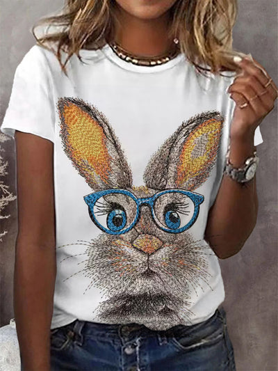 Women's Eatser Cute Bunny Pattern Printed O-Neck Short  Sleeve T-Shirt